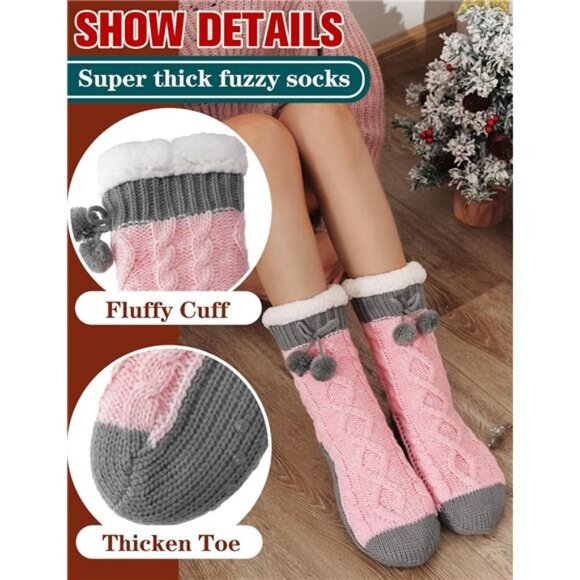 Womens Slipper Fuzzy Grips Socks Fluffy Winter Warm Thick Thermal Cozy Plush - Picture 3 of 7